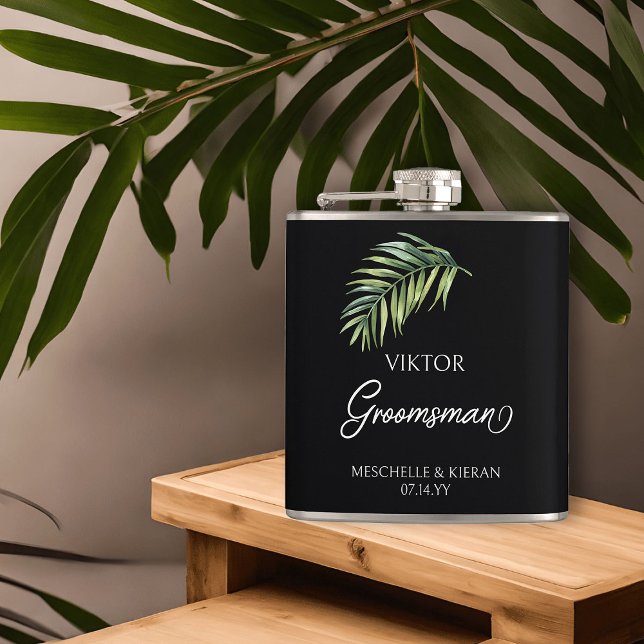 Groomsman Palm Leaf Any Colour Hip Flask (Groomsman hip flask with tropical palm leaf and calligraphy)