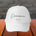 Groomsman Personalized Chic Minimalist Wedding Trucker Hat<br><div class="desc">This chic,  simple groomsman hat features your name underneath elegant black typography. Customize these elegant,  modern bridal party hats for your wedding groomsmen for the bachelor party.</div>