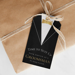 Groomsman Proposal Black Faux Gold Time to Suit Up Gift Tags