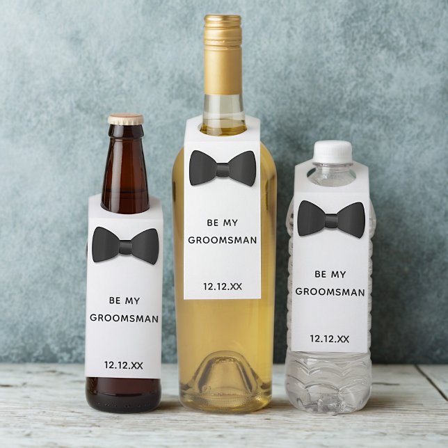 Groomsman Proposal Black Tie Bottle Hanger Tag (A fun bow tie bottle tag with space for your wedding date)