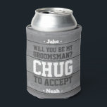 Groomsman Proposal Chug to Accept Funny Faux Wood Can Cooler<br><div class="desc">Get the wedding celebration started in style with a funny personalised groomsman proposal can cooler. Design features a rustic grey faux wood background, stylish modern typography names, and a customisable request reading "Will you be my groomsman? Chug to accept". All text is simple to customise or delete and can be...</div>