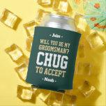 Groomsman Proposal Chug to Accept Green Gold White Can Cooler<br><div class="desc">Get the wedding celebration started in style with a funny personalised groomsman proposal can cooler. The green, gold and white design features stylish modern typography names and a customisable request reading "Will you be my groomsman? Chug to accept". All text is simple to customise or delete and can be different...</div>