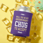 Groomsman Proposal Chug to Accept Purple and Gold Can Cooler<br><div class="desc">Get the wedding celebration started in style with a funny personalised groomsman proposal can cooler. The purple, gold and white design features stylish modern typography names and a customisable request reading "Will you be my groomsman? Chug to accept". All text is simple to customise or delete and can be different...</div>