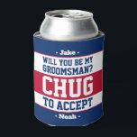 Groomsman Proposal Chug to Accept Red White & Blue Can Cooler<br><div class="desc">Get the wedding celebration started in style with a funny personalised groomsman proposal can cooler. The patriotic red, white and blue design features stylish modern typography names and a customisable request reading "Will you be my groomsman? Chug to accept". All text is simple to customise or delete and can be...</div>