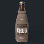 Groomsman Proposal Chug to Accept Rustic Faux Wood Bottle Cooler<br><div class="desc">Get the wedding celebration started in style with a funny personalised groomsman proposal bottle cooler. Design features a rustic brown faux wood background, stylish modern typography names, and a customisable request reading "Will you be my groomsman? Chug to accept". All text is simple to customise or delete. These unique and...</div>