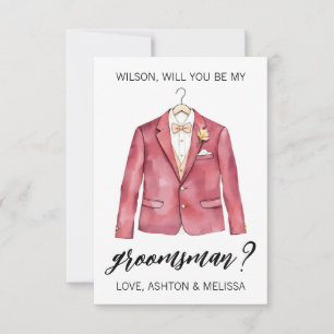 Groomsman Proposal Greeting Card, Burgundy Suit Invitation