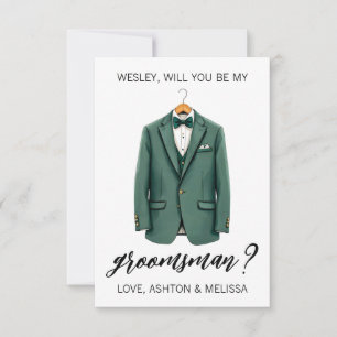 Groomsman Proposal Greeting Card, Green Suit Invitation