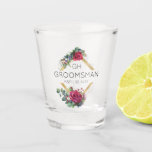 Groomsman Red Rose Wedding Date Monogrammed Shot Glass<br><div class="desc">Personalised shot glass for you to customise with your groomsman's monogram, the bride and groom's intials and the wedding date. The design features red roses, eucalyptus and greenery on a gold geometric diamond shaped frame. A lovely wedding keepsake gift for your wedding party. Please browse my store for bridesmaids, maid...</div>