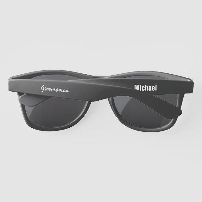 Groomsman Script Black and White Name Text Sunglasses (Back)