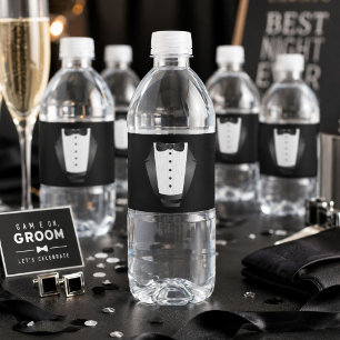 Groomsman Team Groom black tuxedo Bachelor Party  Water Bottle Label