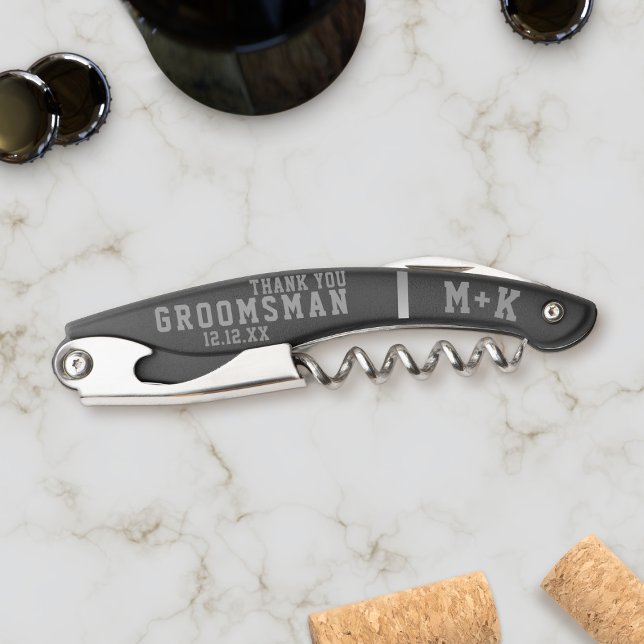 Groomsman Thank You Sporty Monogram Wedding Favour Corkscrew (Add your initials and wedding date to this sporty groomsman wedding favor corkscrew. He'll love it!)