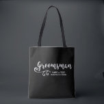 Groomsman Tote Bag-Cool Black White Modern Script<br><div class="desc">Your Groomsman will love this personalised tote bag! Double-sided with a fun trendy white script font and swirl, the bag also features two lines of custom text - add the Grooman's name, wedding date, location, etc. Change the background colour to match your wedding colours - just click on customise and...</div>