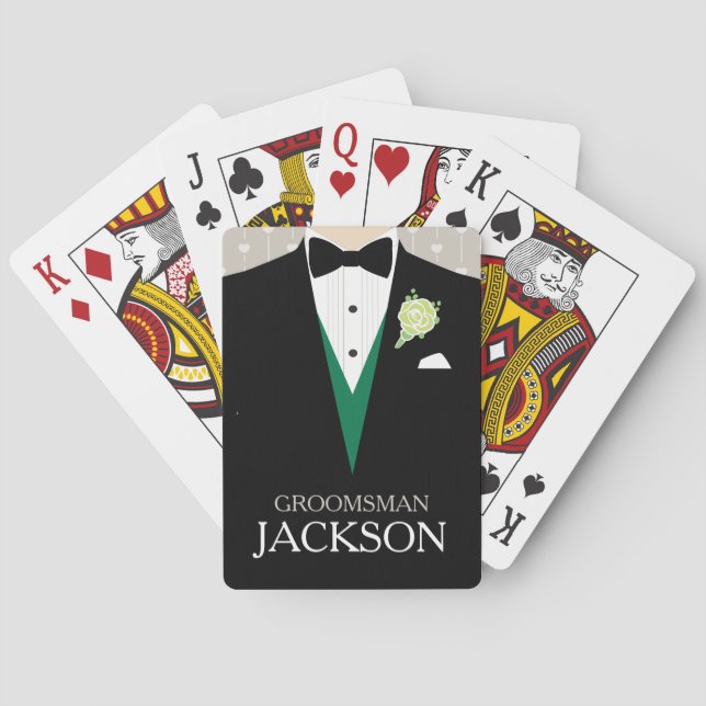 Groomsman tuxedo green personalised playing cards (Back)