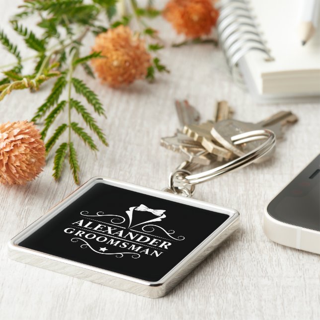Groomsman Tuxedo Tie Black Premium Key Ring (Side)
