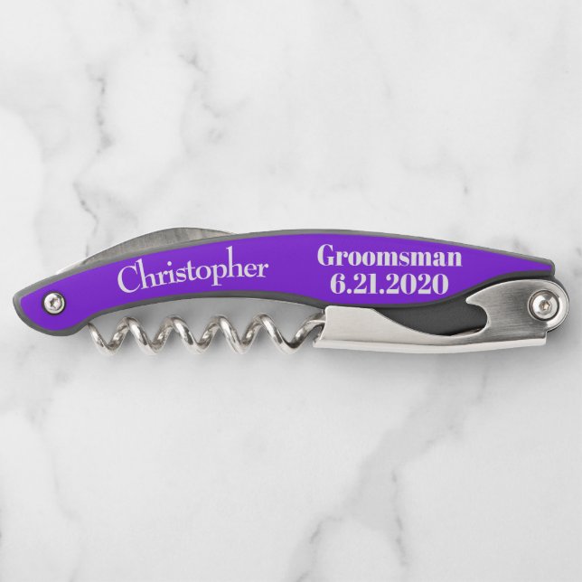Groomsman Violet Black Wedding Favour Corkscrew (Back)