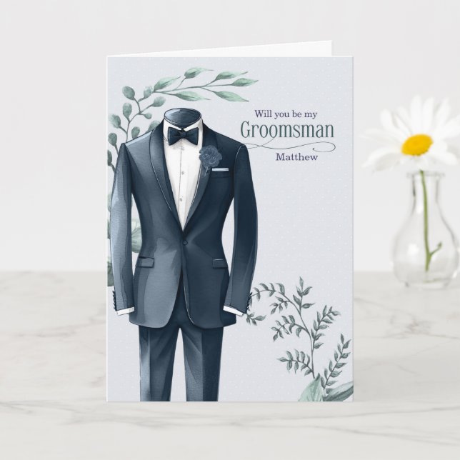 Groomsman Wedding Attendant Request Blue Tux Card (Small Plant)