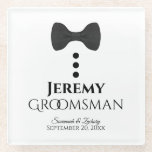 Groomsman Wedding Favour Cute Tuxedo Black Tie Glass Coaster<br><div class="desc">This glass coaster is both stylish and fun. It features a cute mock tuxedo design with a black bow tie and three black buttons. The text reads "Groomsman" and there is space for his name, the couple's name and the wedding date. Great wedding memento, thank you gift, or addition to...</div>