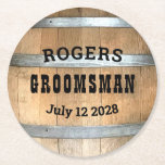 Groomsman Whiskey Barrel Round Paper Coaster<br><div class="desc">Thank your groomsmen with this rustic whiskey barrel design featuring bold western typography. Personalise this design with your groomsman name and wedding date. Makes a great gift.</div>