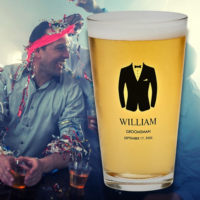 Groomsmen Black Tie Tuxedo Suit Name and Date  Glass (Groomsmen Groomsman Gift Personalized Name and Date Black Tie Tuxedo DRinkware Glass)