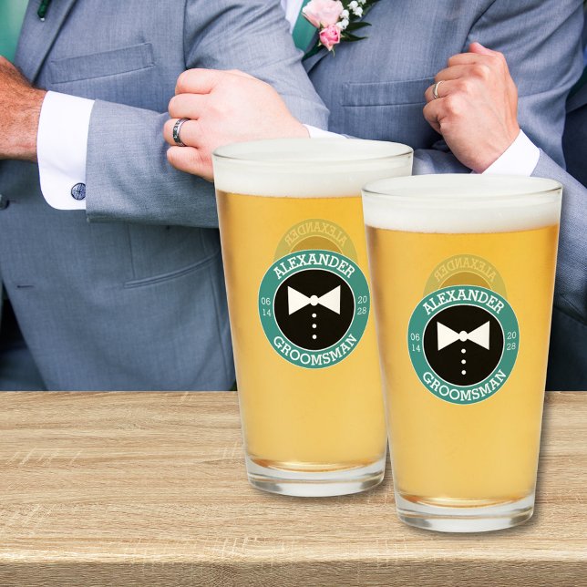 Groomsmen Gift | Teal Bow Tie Wedding Beer Glass (Creator Uploaded)