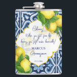 Groomsmen gifts favours blue tiles lemon Amalfi  Hip Flask<br><div class="desc">Groomsmen gifts Blue tiles and lemon Amalfi Positano Mediterranean style bridal party favours personalised name custom flask,  Morocco style carved border. Makes a lovely keepsake gift for your special guests.</div>