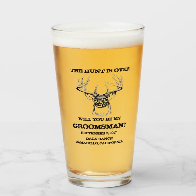 Groomsmen gifts THE HUNT IS OVER groomsmen pilsner Glass (Front Filled)