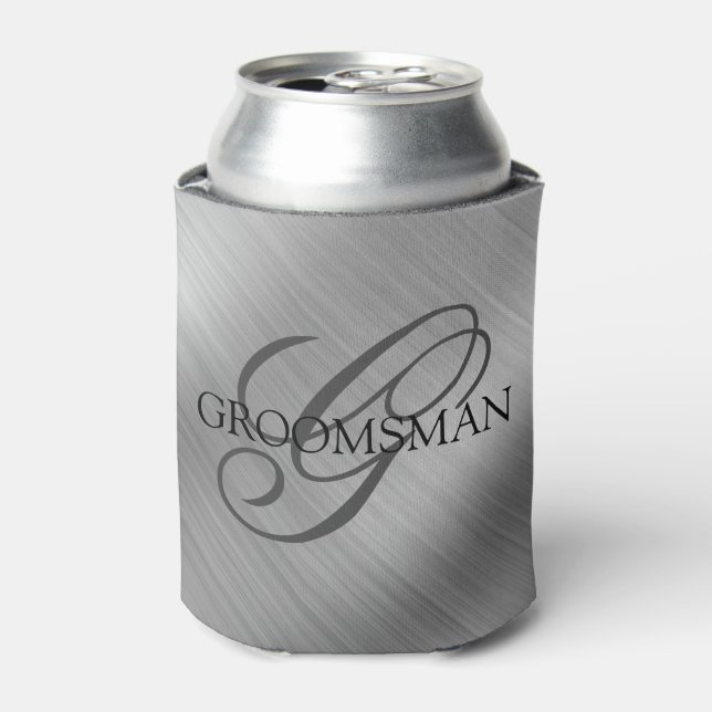Groomsmen Monogram Brushed Silver Can Cooler (Can Front)