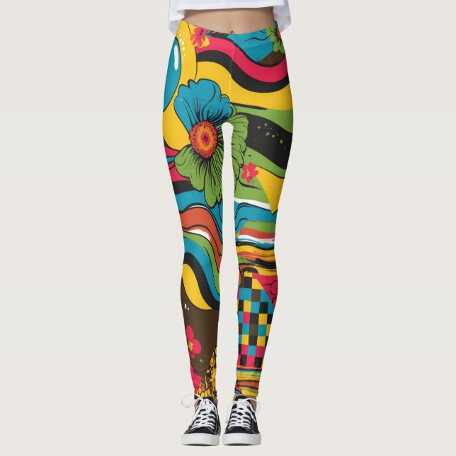 Groove Waves 70s Psychedelic Line Pattern Leggings (Front)