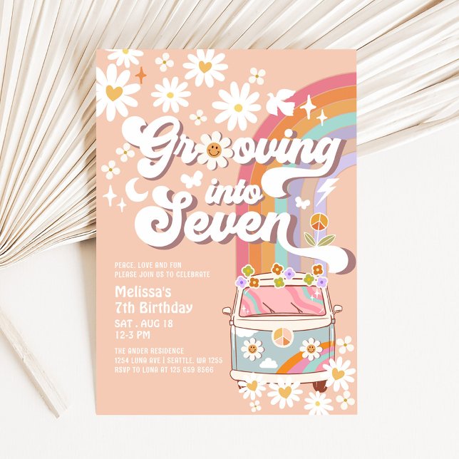 Grooving into SEVEN Daisy Rainbow 7th Birthday  Invitation (Creator Uploaded)
