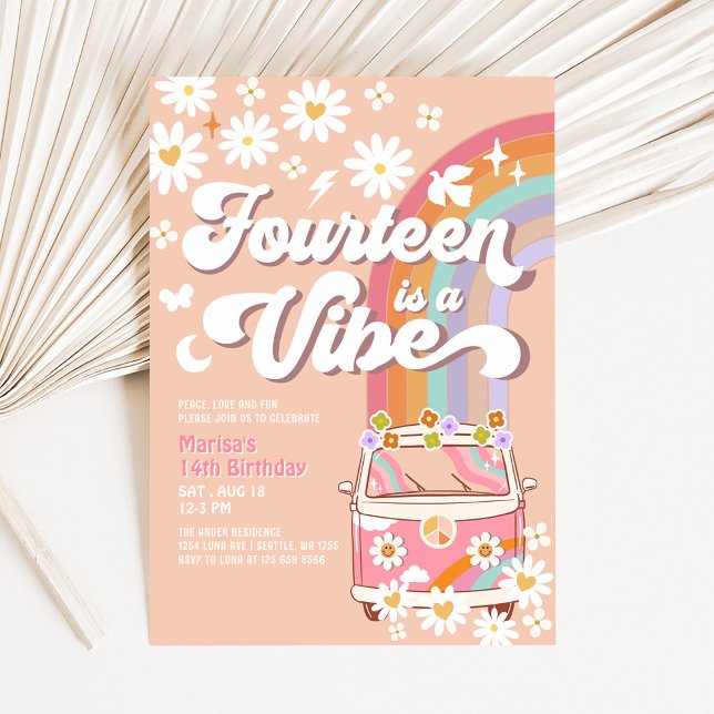 Groovy 14th Hippie Vibe Pink Daisy Birthday Invitation (Creator Uploaded)