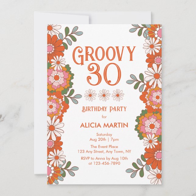 Groovy 30 Classic Hippie Flora Leaf Birthday Invitation (Front)
