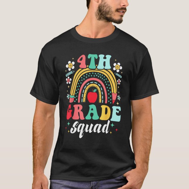 Groovy 4th Grade Squad Rainbow Teacher Kid Back To T-Shirt (Front)
