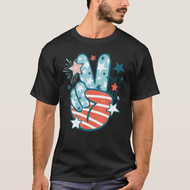 Groovy 4th Of July Peace Hand Sign USA Flag Freedo T-Shirt (Front)