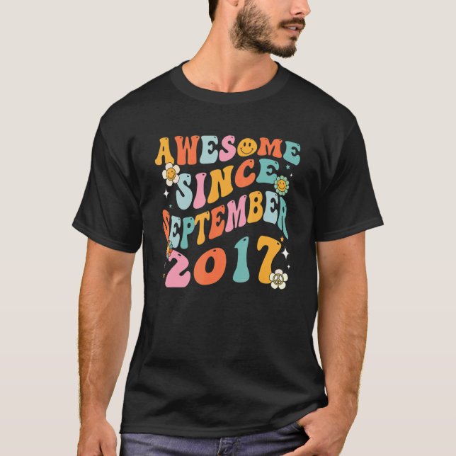 Groovy 5th Birthday Awesome Since September 2017 5 T-Shirt (Front)