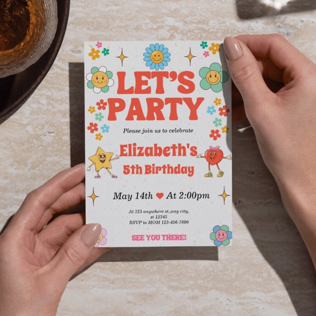 Groovy 5th Birthday Invitation - Beige, Red, Retro (Groovy 5th Birthday Invitation - Beige, Red, and Retro Floral)