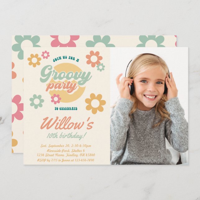 Groovy 60's 70's Flowers Photo Birthday, Any Age Invitation (Front/Back)