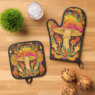 Groovy 60s Psychedelic Retro Mushroom Hippie Oven Mitt & Pot Holder Set
