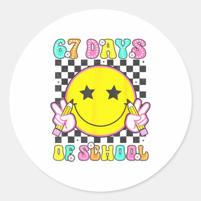 Groovy 67 Days Of School Smile Face Teacher Kids W Classic Round Sticker (Front)