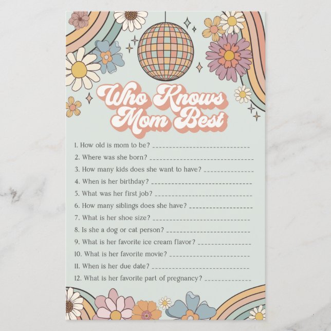 groovy 70s baby shower game who knows mum best (Front)