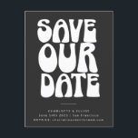 Groovy 70s Black White Simple Save The Date Postcard<br><div class="desc">Set the tone for your wedding with this retro-inspired Save the Date postcard featuring bold, groovy typography on a striking black background. Perfect for couples who love vintage charm with a modern edge, this postcard announces your big day with playful style. Ideal for boho, eclectic, or 70s-inspired weddings, it’s easy...</div>