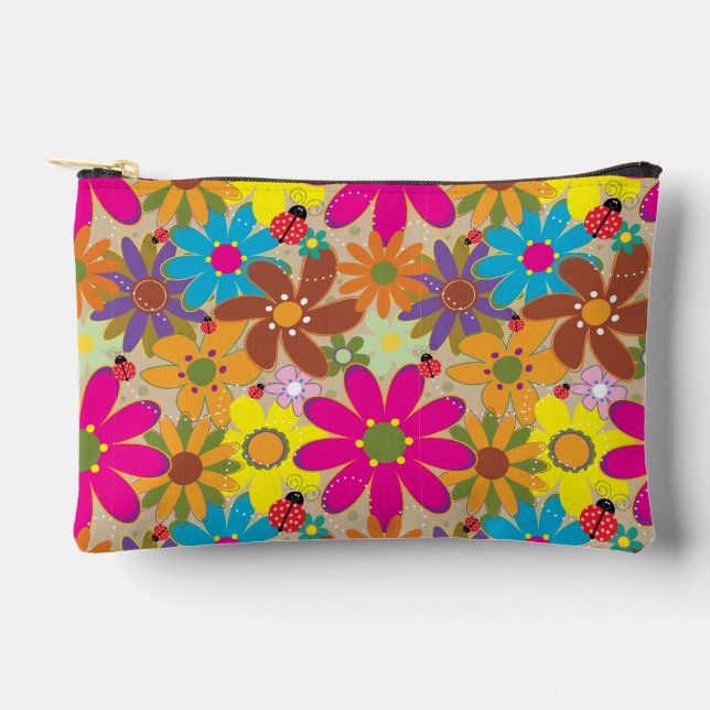 Groovy 70s Hippie Floral Retro Flower Power Accessory Pouch (Front)