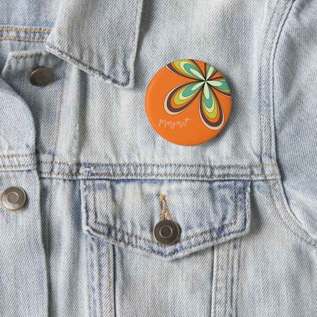 Groovy 70s Hippie Flower Orange Retro Daisy Name 6 Cm Round Badge (In Situ)