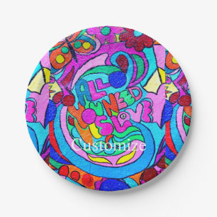 Groovy 70's hippie-style love peace flowers paper plate