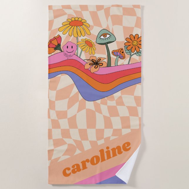 Groovy 70s Mushroom Flower Personalised Peach  Beach Towel (Front)