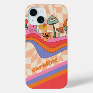 Groovy 70s Mushroom Flower Personalised Peach iPhone 15 Case