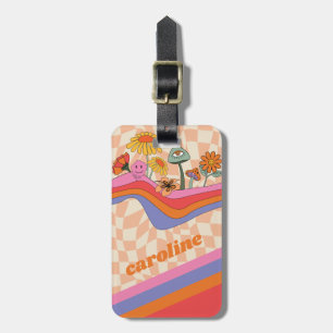 Groovy 70s Mushroom Flower Personalised Peach Luggage Tag