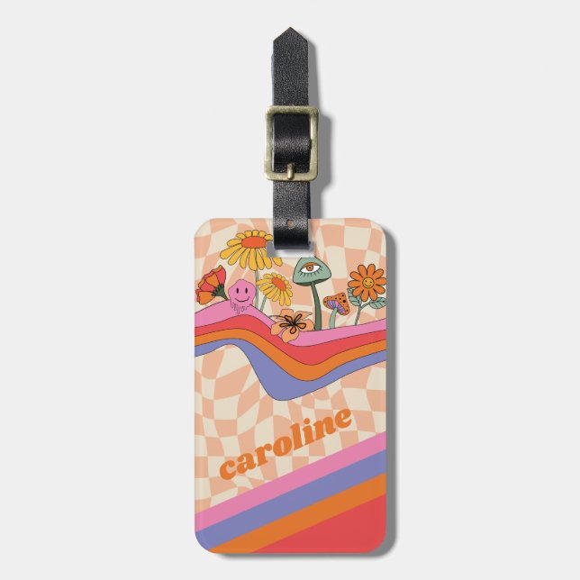 Groovy 70s Mushroom Flower Personalised Peach  Luggage Tag (Front Vertical)
