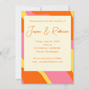 Groovy 70s Orange Pink All In One Budget Wedding  Invitation