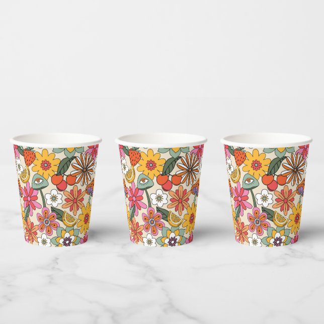 Groovy 70's, Orange, Pink, & Green Floral Paper Cups (Multi)