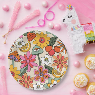 Groovy 70's, Orange, Pink, & Green Floral Paper Plate